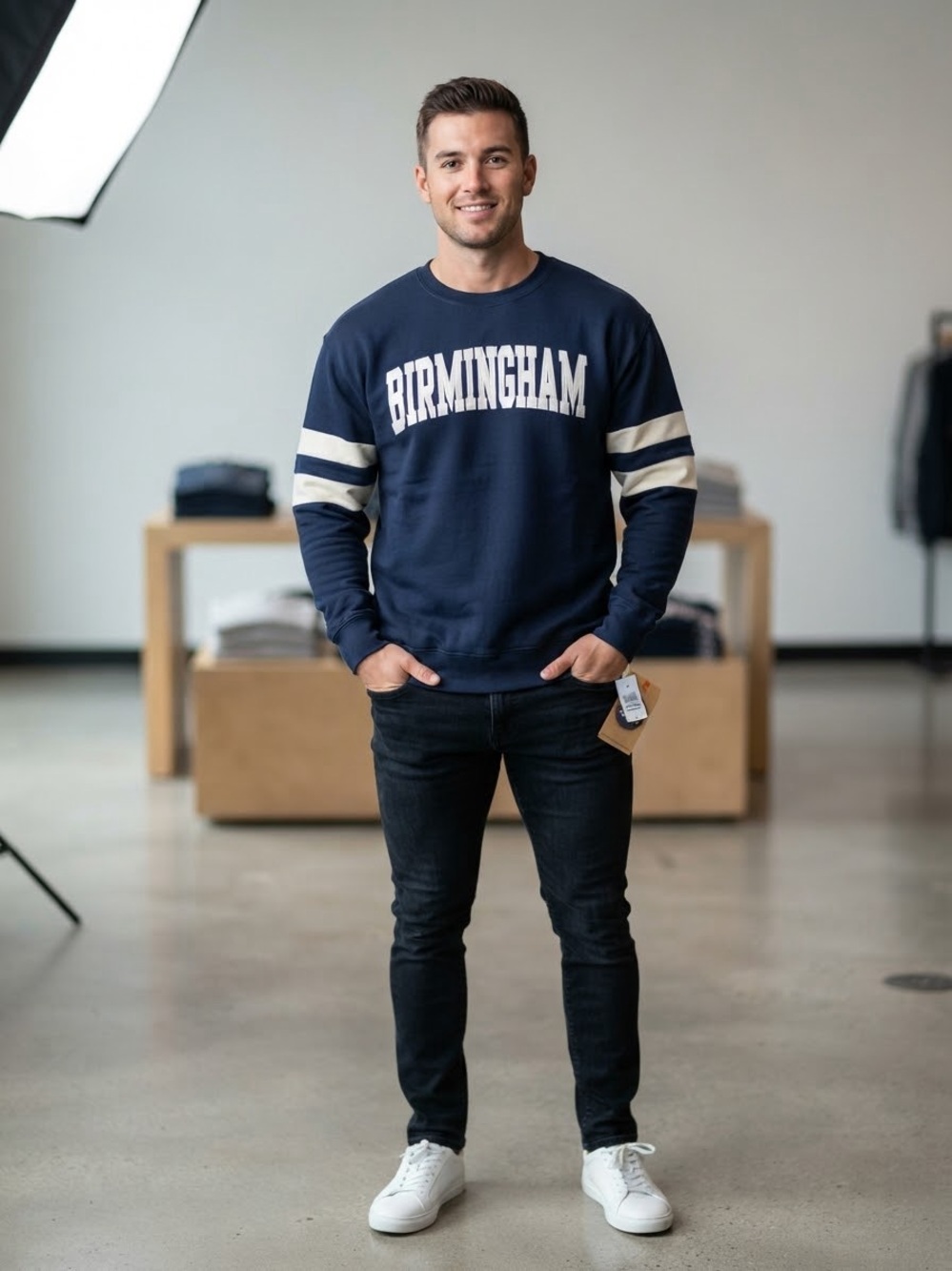 Navy Crewneck Sweatshirt with Cream Stripes and 'Birmingham' Appliqué